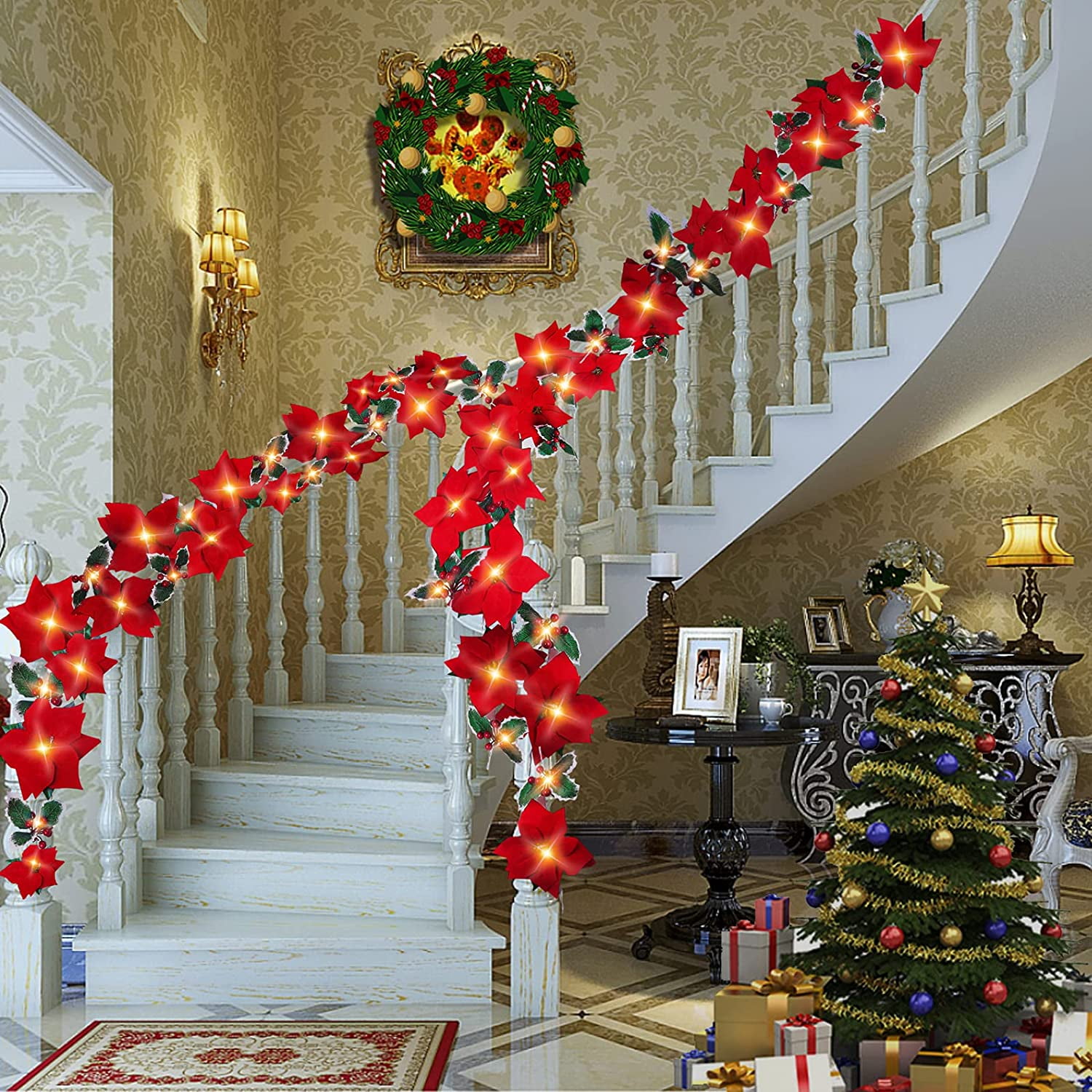 Lighted Poinsettia Christmas Garland String Lights With Red Berries And Holly Leaves, Pre-Lit Velvet Artificial Poinsettia Garland For Christmas Decoration Indoor/Outdoor Holiday Decor - Walmart.com
