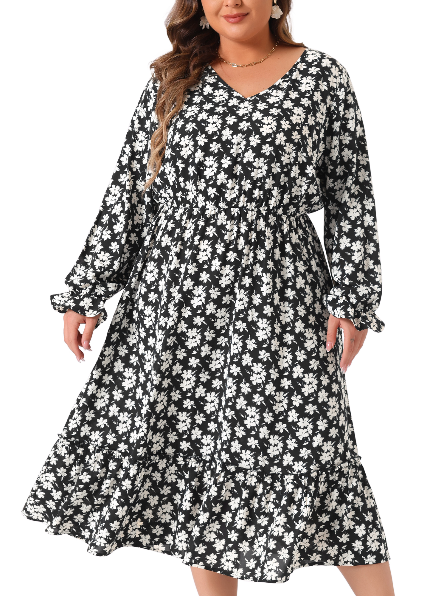 DARING DIVA Plus Size Floral Print V Neck Long Sleeve Maxi Dress 3X Black