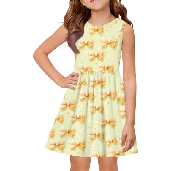 Abcomgle Girls Summer Dress Size 7-8 Casual A-Line Sleeveless Midi Dress Bow Basic Crew Neck Swing Skirts for Toddler,Yellow,2-3Years