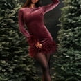 thumbnail image 5 of Women's Feather Party Coctail Dress Faux Fur Trim Elegant Long Sleeve Bodycon Mini Dress Evening Club Wear, 5 of 7