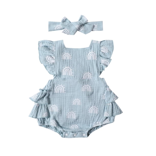 Gibobby Mameluco para niña Conjunto de diademas para recién nacidos sin espalda con estampado de arcoíris y mangas voladoras para niñas pequeñas(Azul, 3-6 Meses)