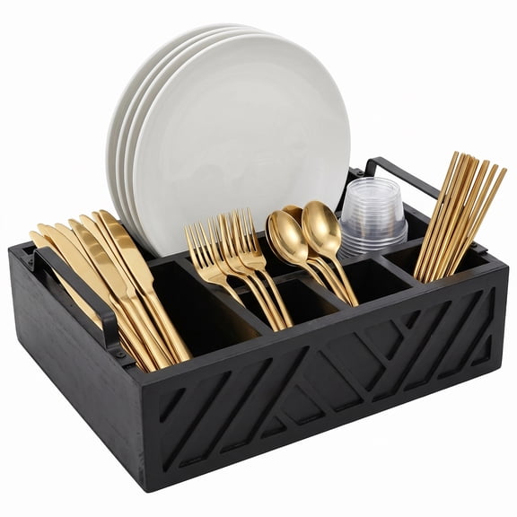 Paper Plate Dispenser and Holder for Kitchen Wood Rustic Silverware Utensil Caddy Cutlery Flatware Organizer Box for Cups Spoons Forks Napkins