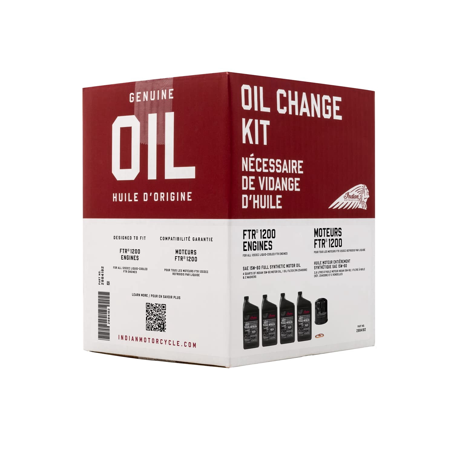 Indian Motorcycle Oil Change Kit for Specific FTR Models Including 1200, S, Rally, Sport, Carbon and More, Includes 4 Quarts 15W-60 Full Synthetic Oil, 1 Oil Filter, 2 Washers - 2884182
