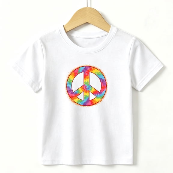 Girls Graphic Tees Tie Dye Peace Sign Kids T Shirt Retro Hippie 100% Cotton Short Sleeve Soft Tops 4-13Y White
