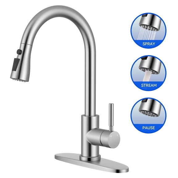 Brushed Nickel Single Handle Pull Down Kitchen Faucet - High Arc Stainless Steel Faucet with 3-Way Sprayer for Kitchen/Laundry/RV/Bar