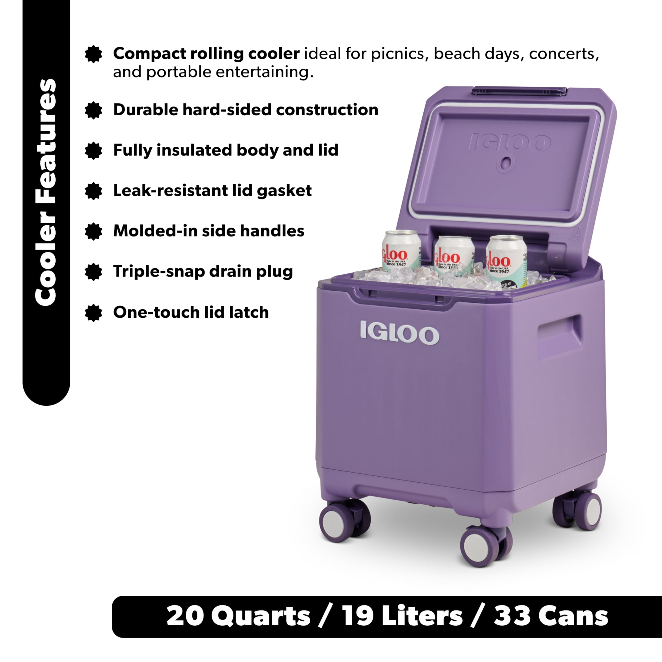 Igloo Tag-a-Long Too Spinner Wheeled Cooler 20 QT Dusted Grape 33 Can Capacity