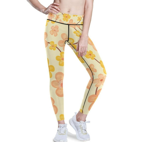 Ckdifva Yellow and Pink Floral Flowers Yoga Pants with Pockets for Women Workout Athletic Yoga Leggings