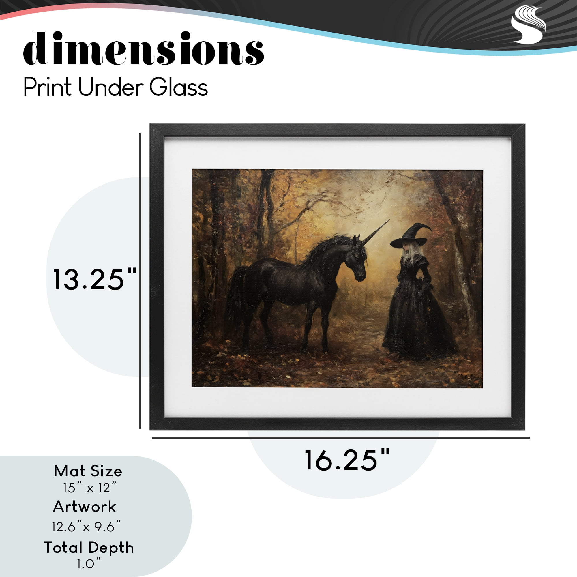 Witch & Black Unicorn Black Framed Print Under Glass, design by Arlington Prints