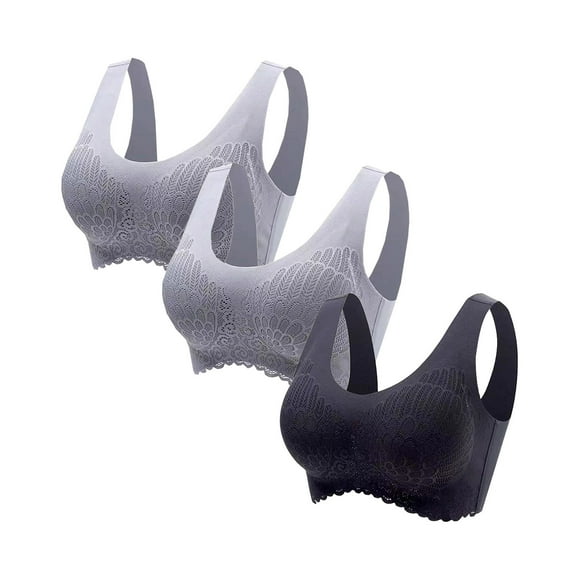 Lot de 3 Soutiens-Gorge de Sport pour Femmes, Motif en Dentelle Uni, Soutien-Gorge Autocollant Décontracté Sans Armatures, Respirant, Doux, Soutien-Gorge d'Allaitement, Camisole, Élégant, Ajusté (2Gray+Black,3TG)