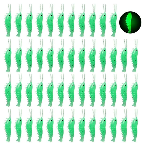 50 Uds. De señuelos de pesca de agua salada de 3,5 cm, camarones luminosos con señuelo suave (verde luminoso)