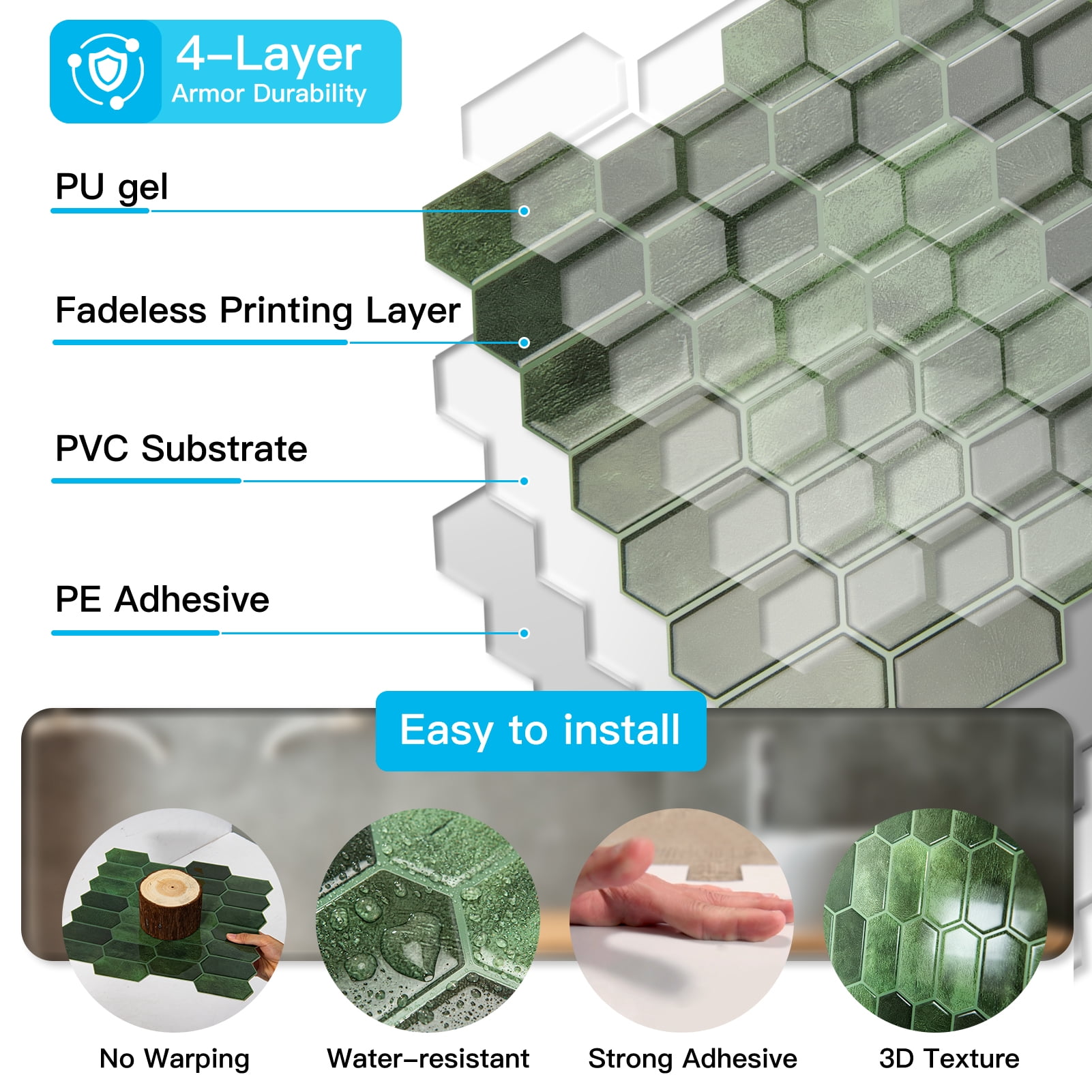 10Pcs Peel and Stick Backsplash,12'' x 12'' Heavy-Duty Self-Adhesive Vinyl Wall Tiles for Kitchen,Bathroom