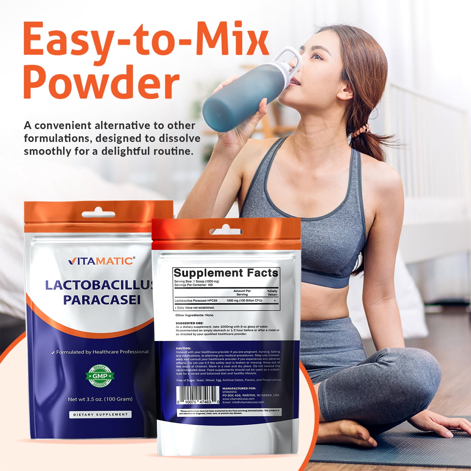 Vitamatic Lactobacillus Paracasei Probiotic Powder - Digestive Support - 100 Gram (3.5 OZ) - 100 Servings