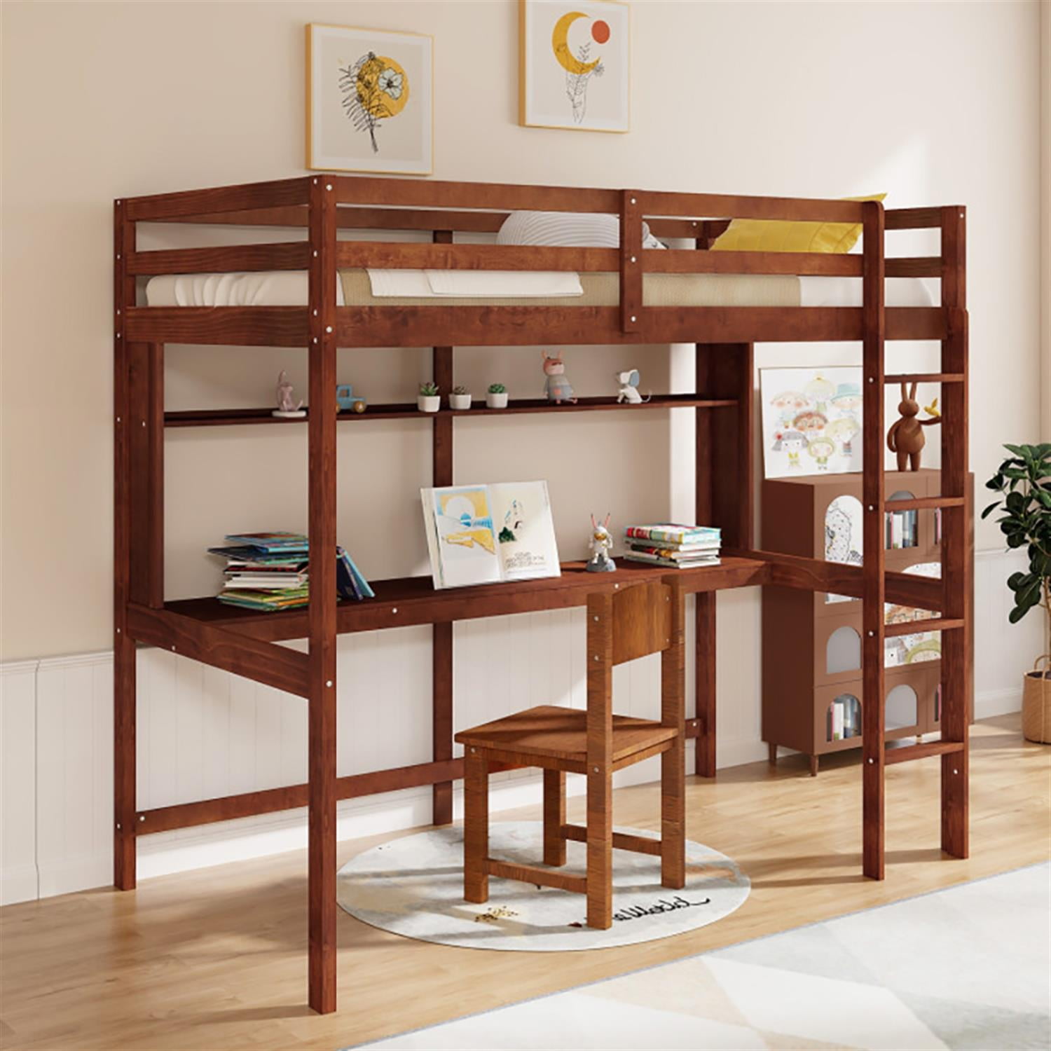 Demi Bonn Loft Bed Twin Size, Solid Wood Low Loft Bed with Guard Rail and Ladder, Modern Wooden Loft Bunk Bed Frame, Brown