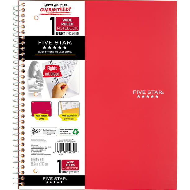 Five Star Wirebound Notebook, 1 Subject, Wide Ruled, 10 1/2″ x 8″, Red (72017)