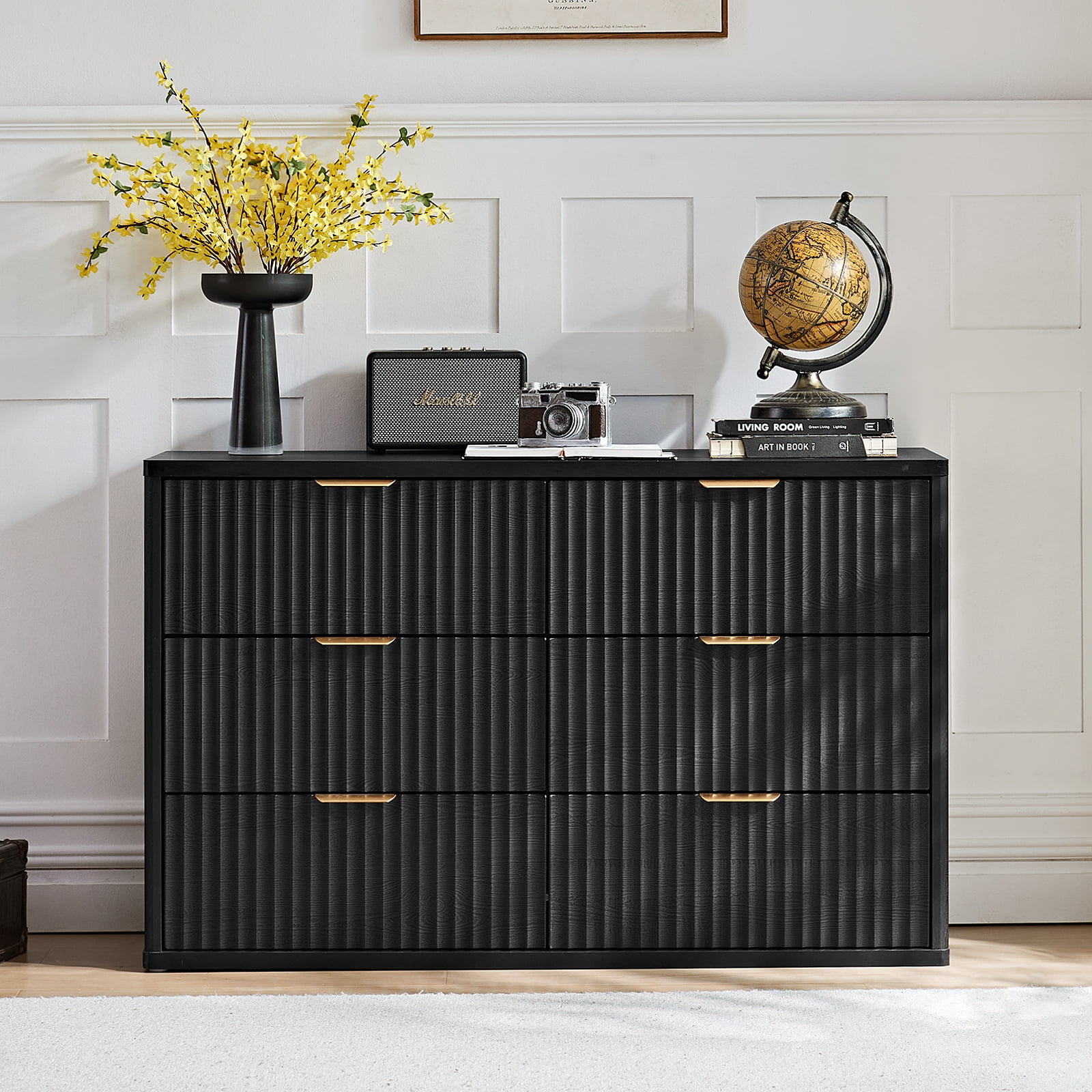 LELELINKY Fluted Dresser for Bedroom, Modern Wooden 6 Drawer Dresser, Storage Cabinet Chest of Drawers for Living Room Hallway, Black