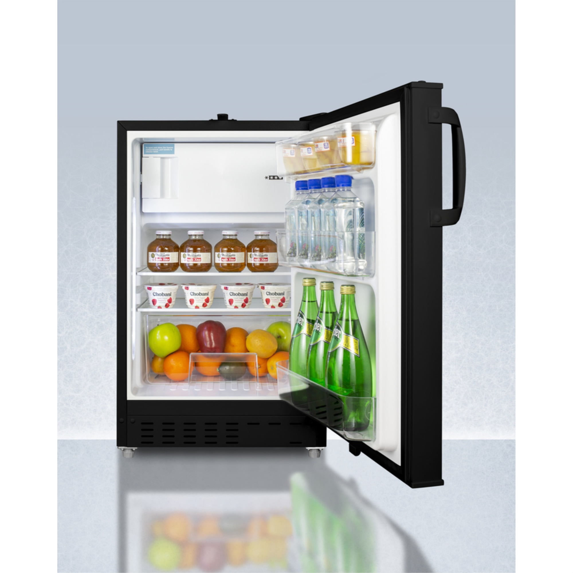 20" wide built-in undercounter ADA compliant refrigerator-freezer in black with a front lock