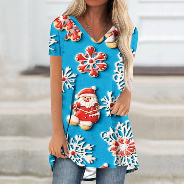 Puntoco Blusa de cuello en V con mangas raglán cortas y espalda larga con estampado navideño informal a la moda para mujer