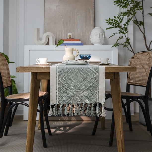 Mantel largo de poliéster y algodón con diseño geométrico de jacquard nórdico con borlas y diseño de bandera para mesa de té y comedor