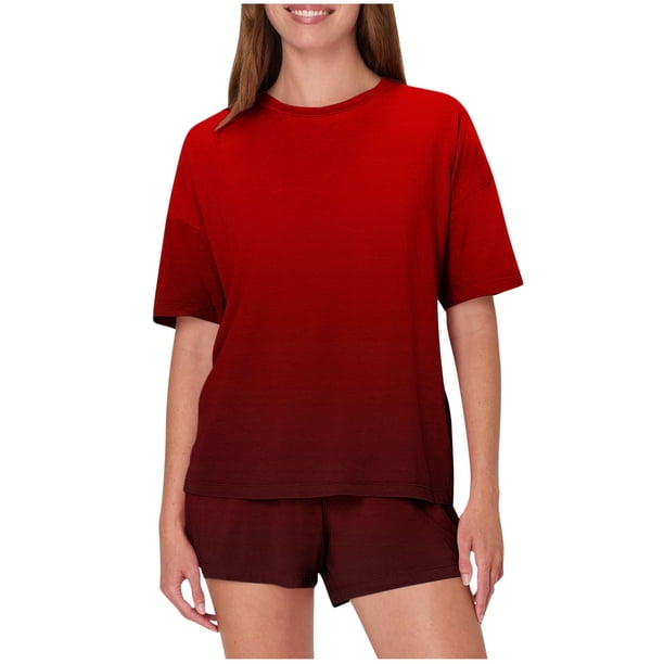 Pijama informal holgado con estampado de cuello redondo y manga corta para mujer, de poliéster