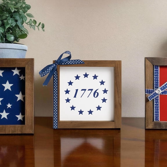 Memorial Day 1776 Sign 4th Of July Decor, 6x6 Inch Rustic Wood Framed Independence Day Decorations, Americana Patriotic Decor for Home Table Shelf Mantel Tiered Tray Office Indoor