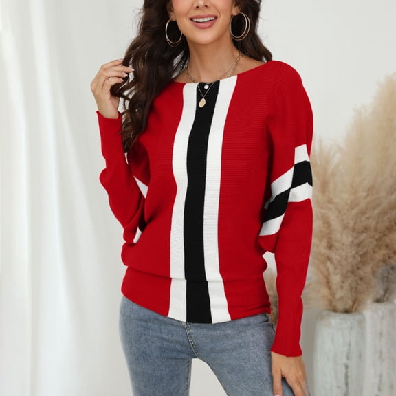 Qetyuw Ribbed Knit Sweater for Women Striped Boat Neck Long Sleeve Pullover Sweaters Chunky Casual Loose Fit Jumper