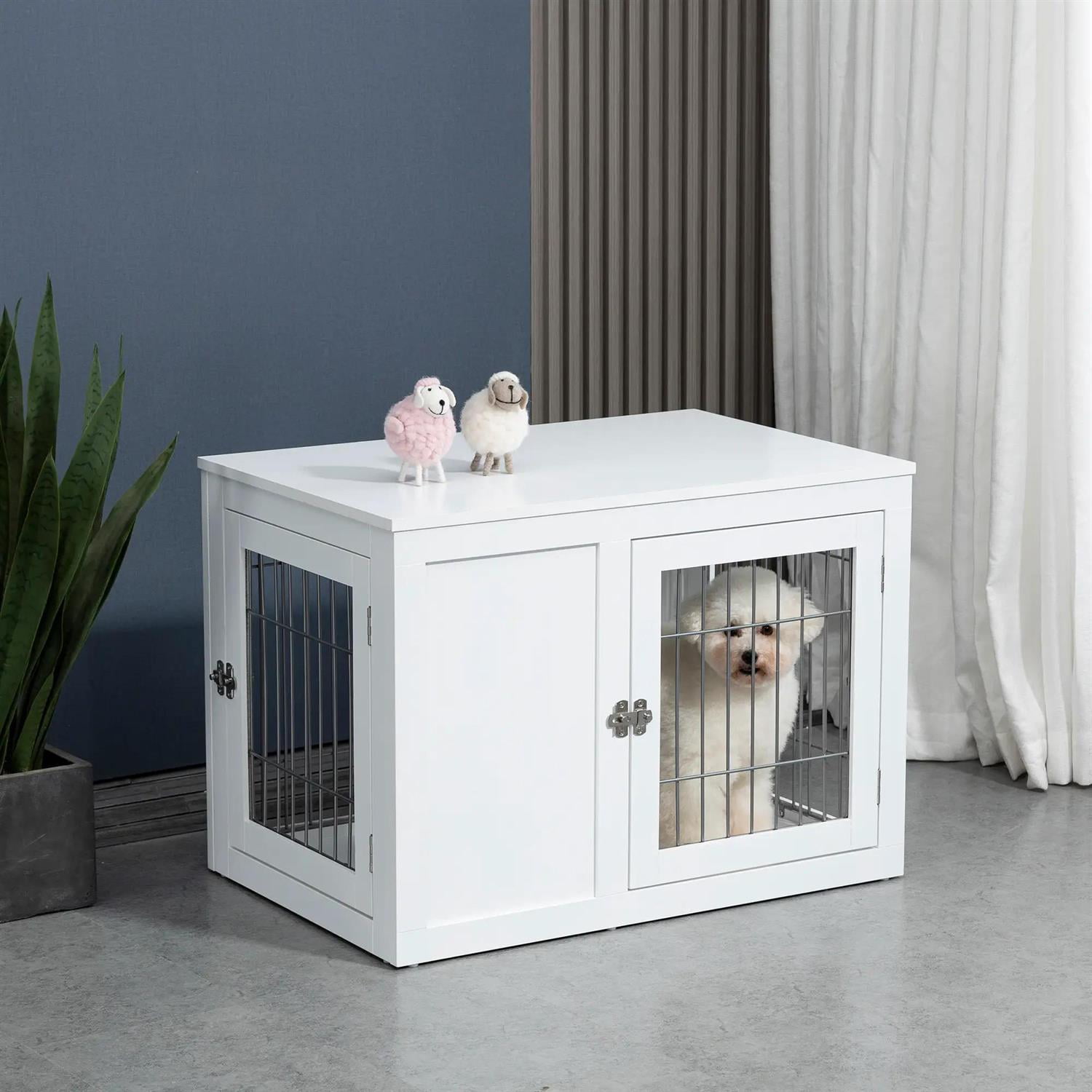 Pefilos 32" Dog Crate Furniture with Double Doors, Locks, Wooden Wire Kennel Table, Indoor Dog House for Small and Medium Dogs, White