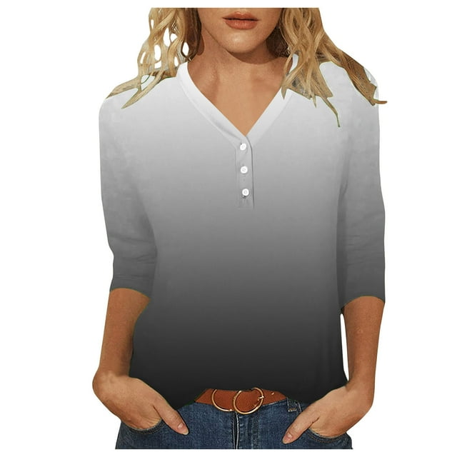YDLCAFD Easter Women Suitable Tops V Neck Button Three Quarter Sleeve Comfortable Floral Print Blouse T Shirts