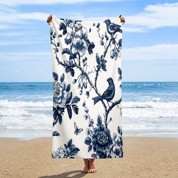 Blue White Floral Beach Towel Absorbent Quick Dry Beach Blanket with Vintage Flower and Bird Print Travel Bath Towel for Swimming Pool Beach Spa