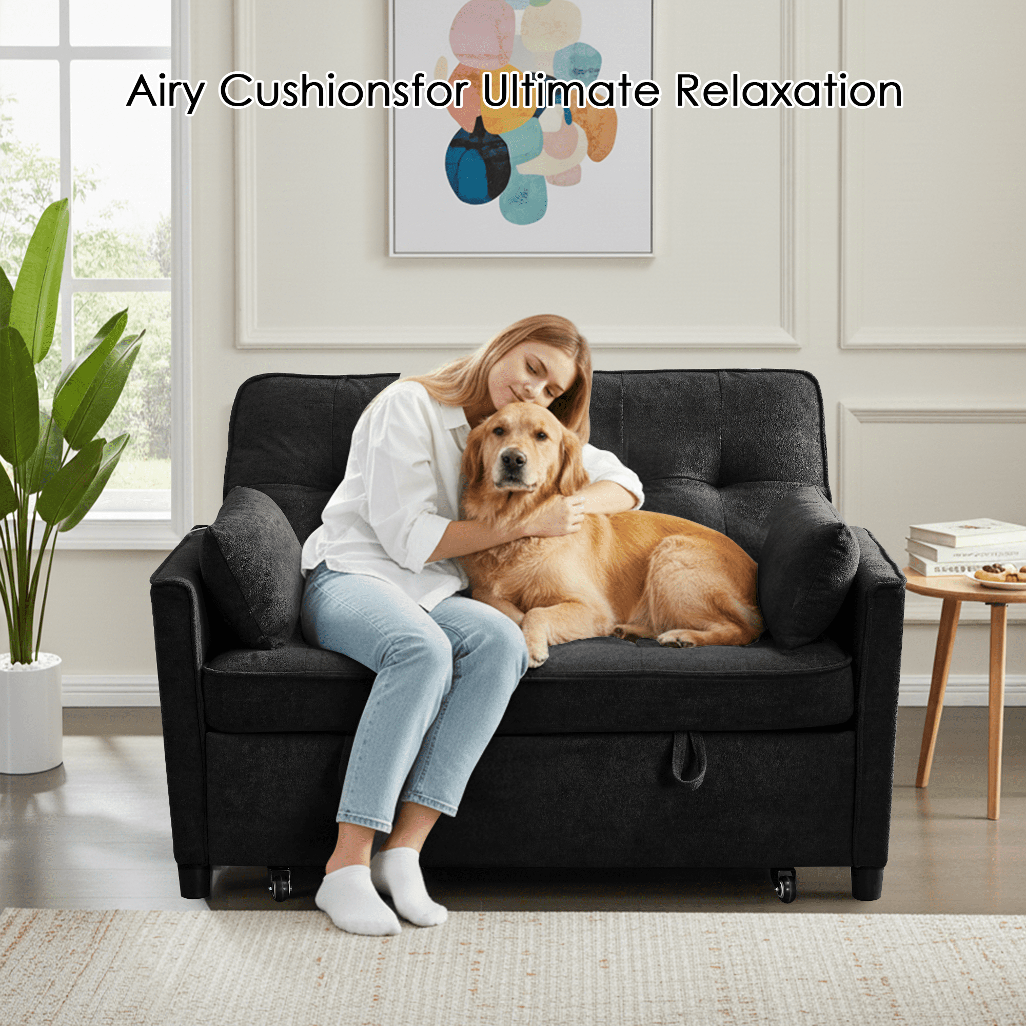 Howcool 55" Convertible Sofa Bed 3-in-1 Pull Out Sleeper Loveseat Couch with Adjustable Backrest, USB Ports, Side Pockets, Easy Assembly for RV Apartment Living Room(Black)