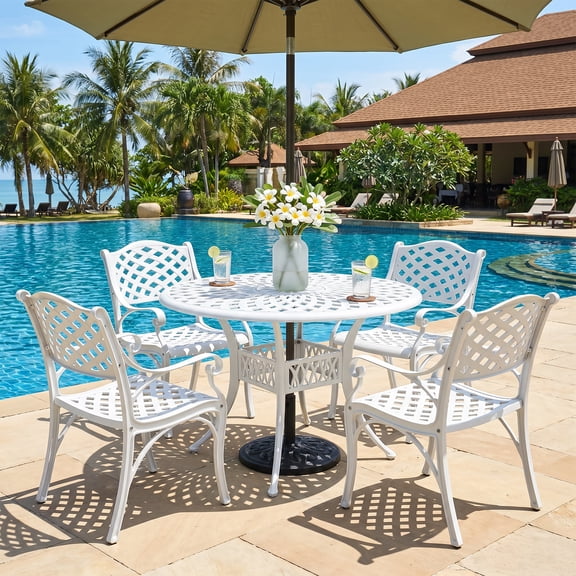 PATIO-IN Round Patio Table Cast Aluminum Patio Bistro Table with Umbrella Hole, Outdoor Patio Table for Garden,White