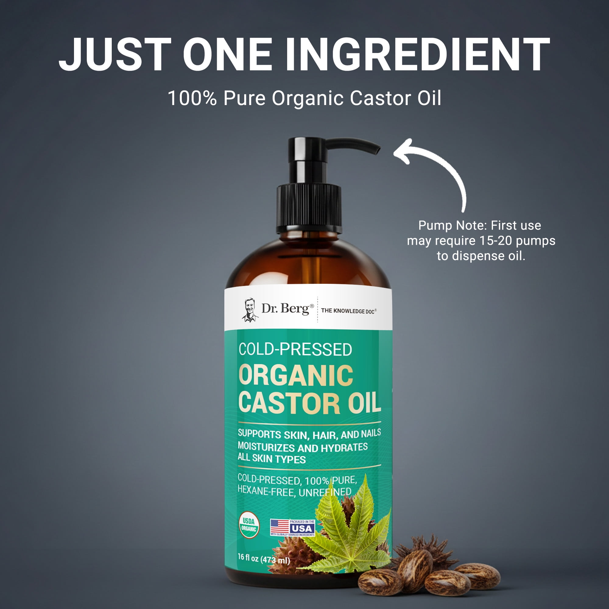 Dr. Berg Organic Castor Oil – Cold-Pressed & Unrefined, 100% Pure, Hexane-Free, USDA Organic – 16 fl oz