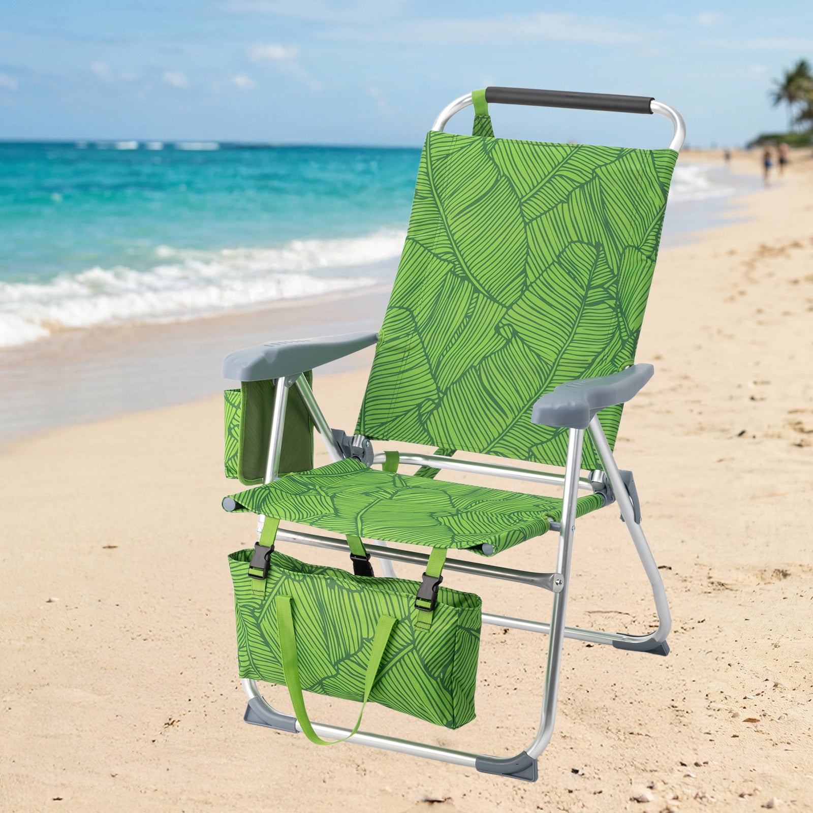 17" High Seat Folding Beach Chair, 7 Position Adjustable Recline Lounge Chair with Padded Headrest, Aluminum Frame Supports 265lbs with Cup Holder Side Pocket & Detachable Storage Tote