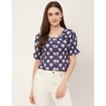 thumbnail image 2 of Moomaya Printed Cinched Waist Top, Half Sleeve Round Neck Retro Tops For Women, 2 of 9