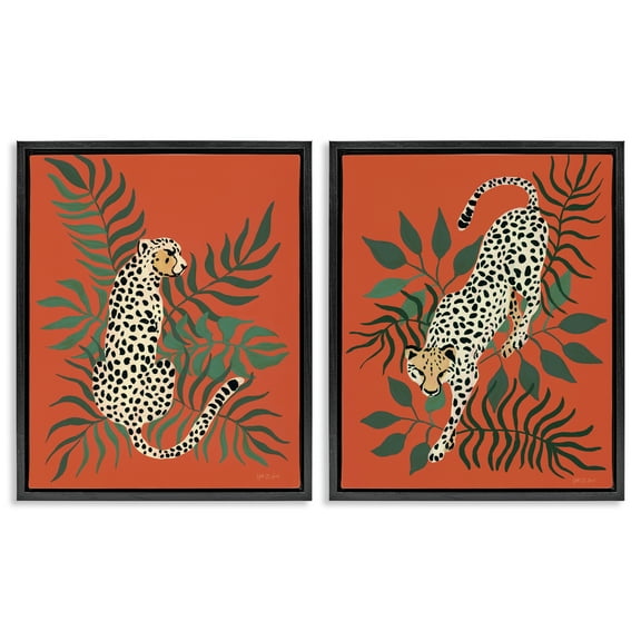 Stupell Industries Sitting Cheetah Prowling Jungle Animals Painting Black Floater Framed Canvas Art Print Wall Art, 17 x 21, Set of 2