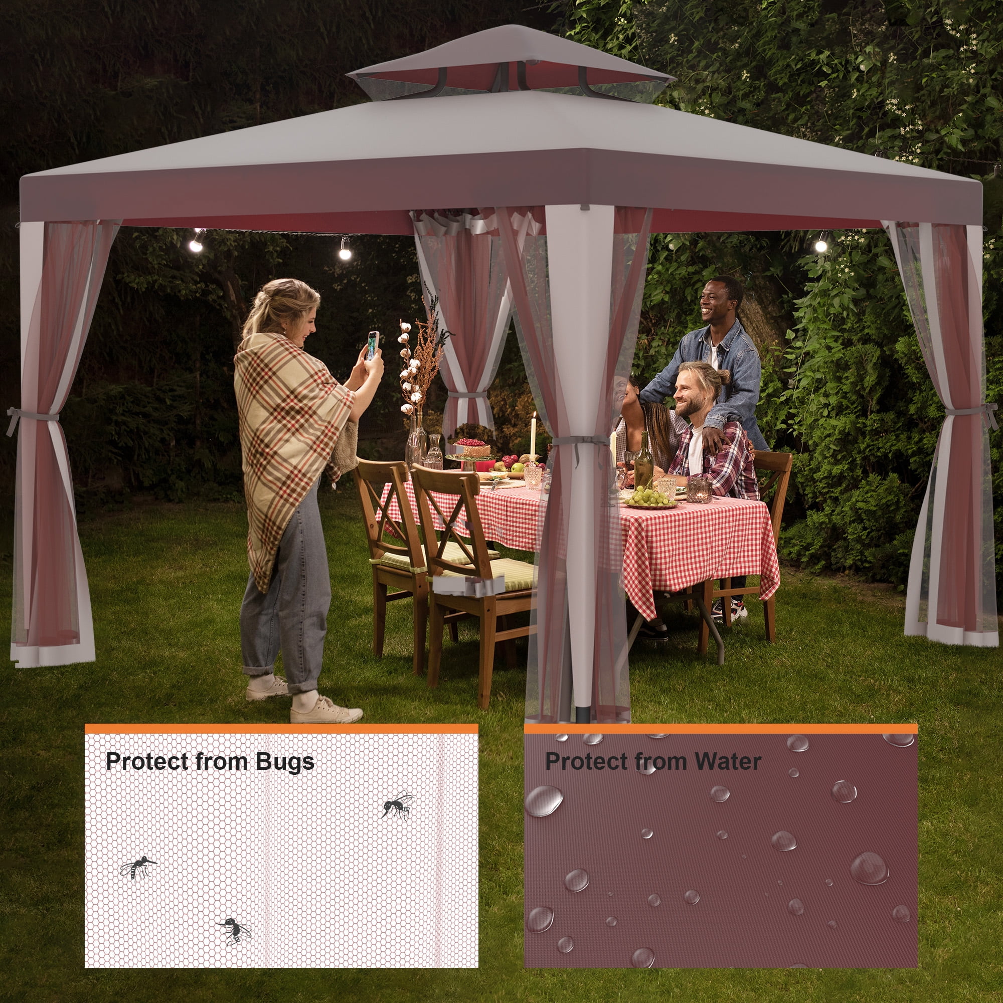 10'x10' Patio Gazebo Tent Mesh Netting Outdoor Canopy Shelter For Garden,Red