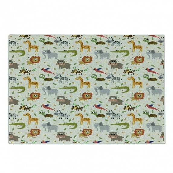 Cartoon Animal Cutting Board, Australian Fauna Silly Faces Safari Lion Crocodile, Decorative Tempered Glass Cutting and Serving Board, Small Size, Multicolor, by Ambesonne