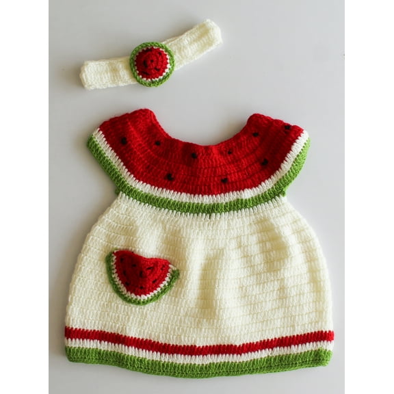 Woonie Short Sleeves Watermelon Theme Dress With Headband - Cream