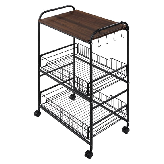Kitchen Cart with Storage 3 Tier Rolling Cart Walnut Kitchen Island Cart on Wheels with Baskets Microwave Cart Side Hooks