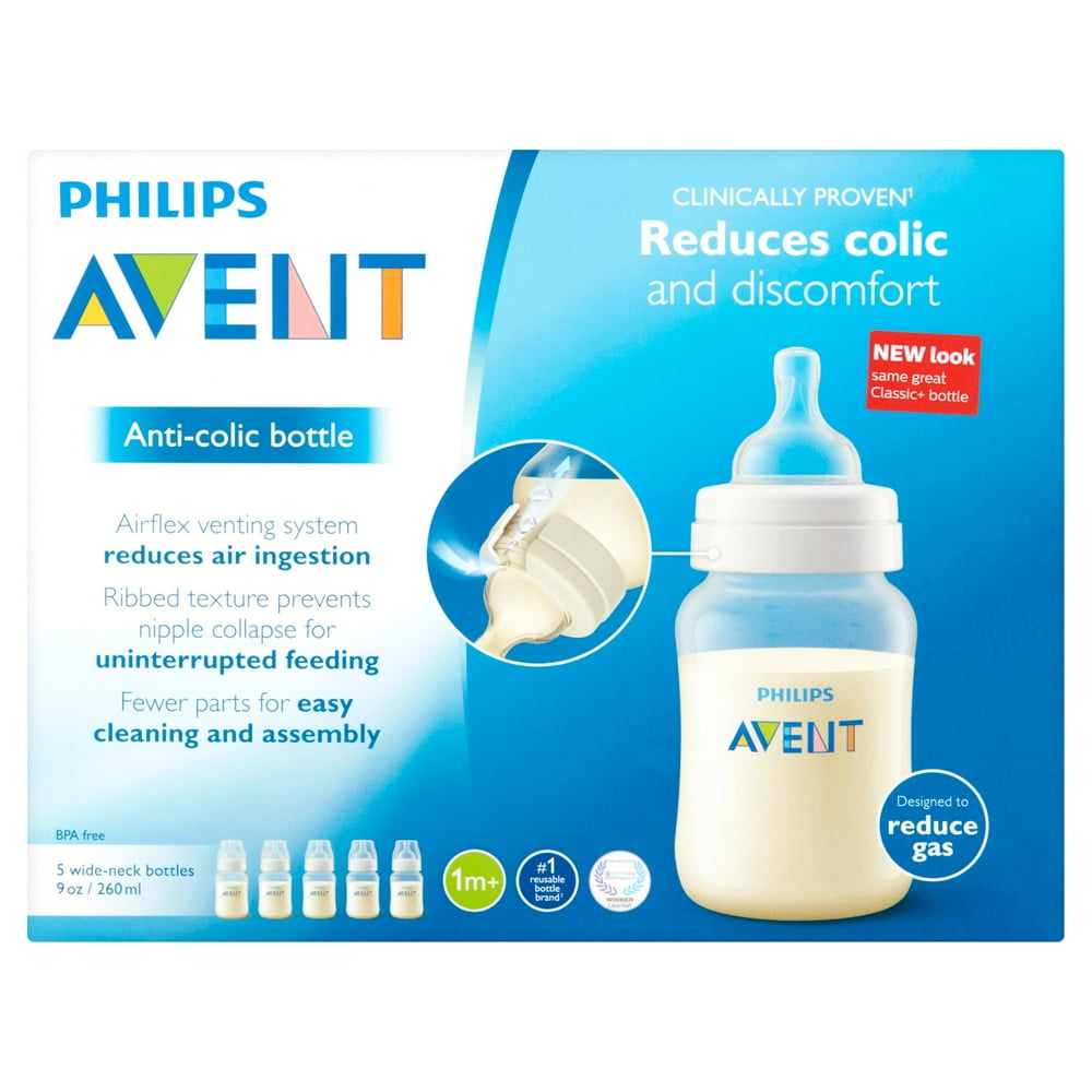 Philips Avent 9 oz AntiColic Bottle WideNeck Bottles 1m+, 5 count
