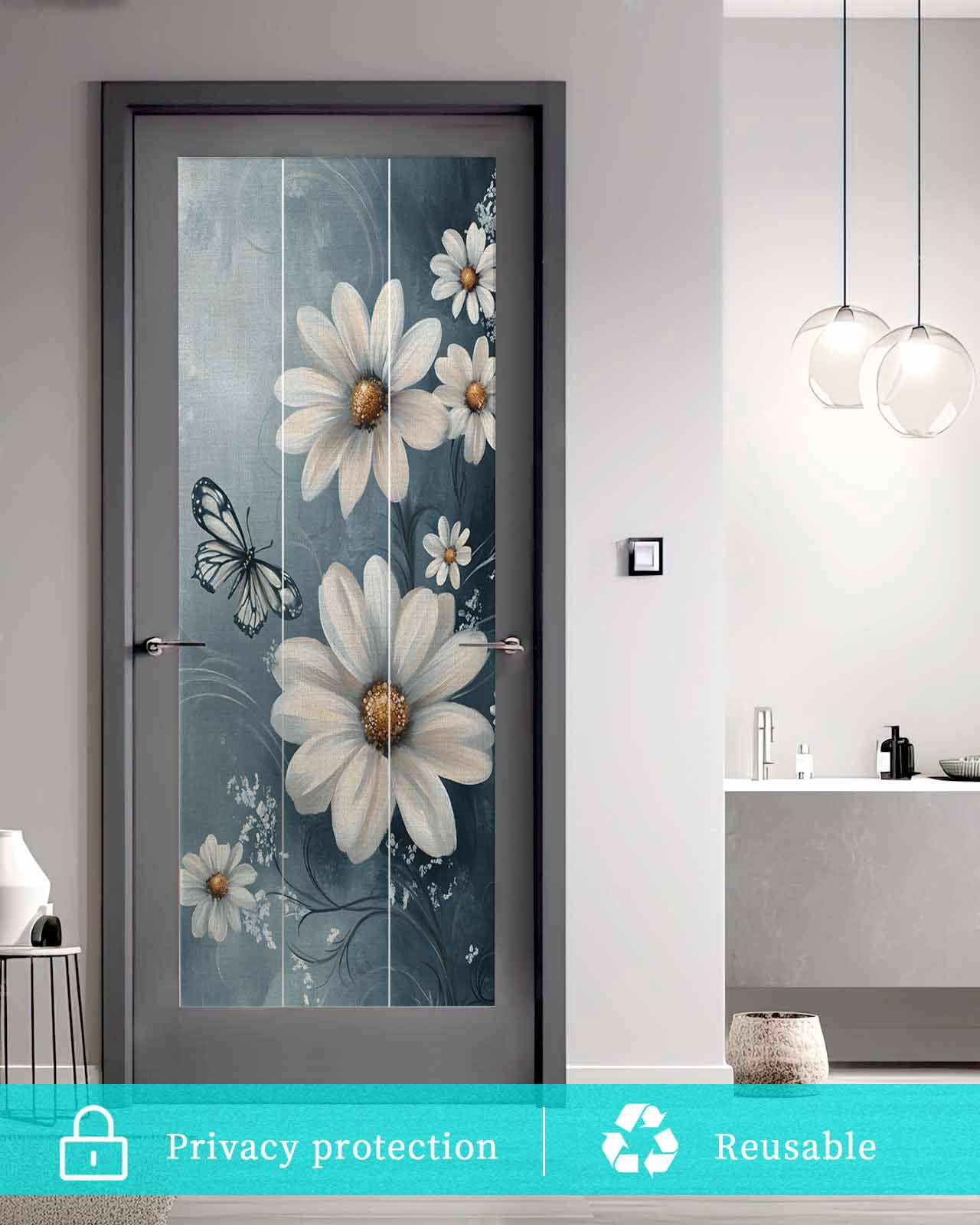 Window Privacy Film Elegant White Daisy Stained Glass Window Film Decorative Sun Block Window Cover Pastoral Vintage Butterfly Floral Window Clings Static Adhesive Sticker for Bathroom 29.5"x78.7"