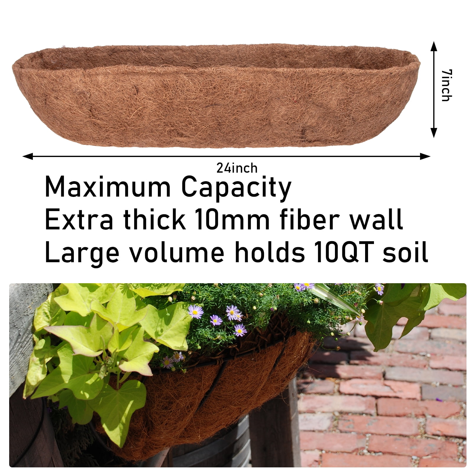 24" Coconut Coir Planter Liner 4 Pack, Preformed Coco Fiber Replacement for Window Box, Deck Railing & Hanging Baskets, Natural Plant Basket Insert