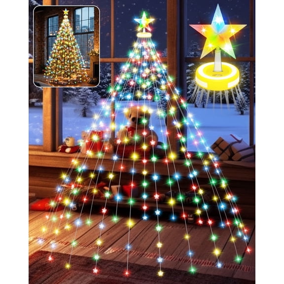 Christmas Tree Lights, 9.8FT 480LED Portable Christmas Lights with Glowing Circle & Star Toppers, 8 Modes Colourful Bright Tree Lights Outdoor Indoor, Snowflake Fairy Lights for Xmas Tree Decorations