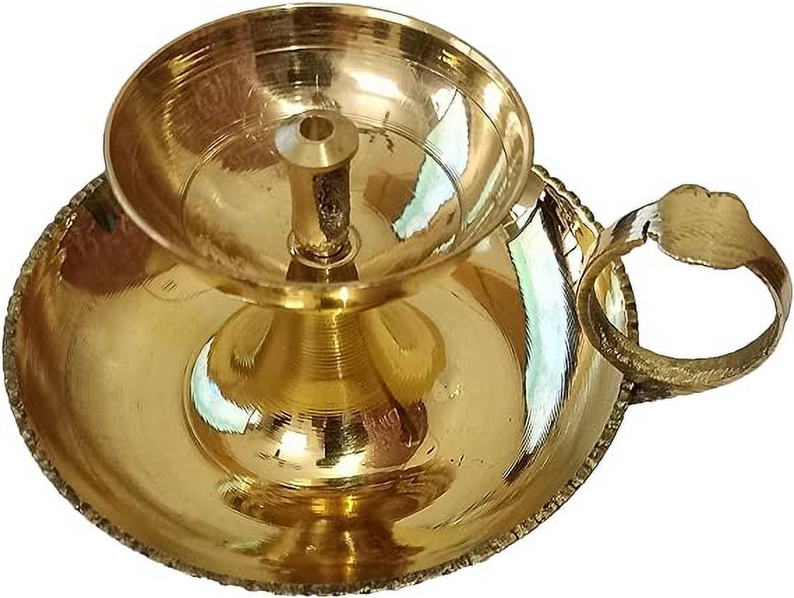 PARIJAT HANDICRAFT Handmade Indian Puja Brass Oil Lamp - Aarti & Diya in One with Supported Flame
