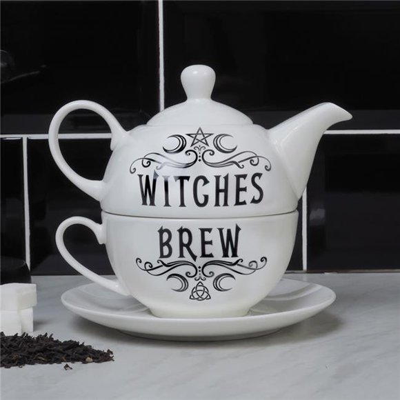 Alchemy Gothic ATS3 6.5 in. Crescent Witches Brew Hex Tea for One Set, Black & White