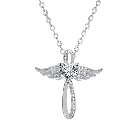Rynsito Cross Necklace for Women, 925 Sterling Silver Cross Pendant with Angel Wing Birthstone Necklace, Faith Gift for Mom Wife Daughter Girlfriend