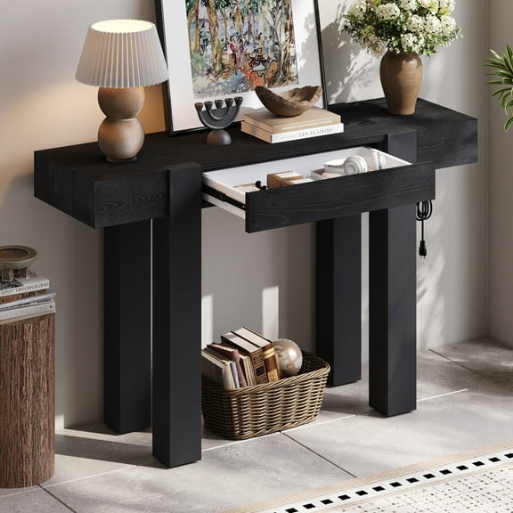 Euroco 47" Rustic Minimalist Console Table with Hidden Drawer & Side Power Outlet, Accent Entryway Table Sofa Table for Hallway Foyer Living Room,Black