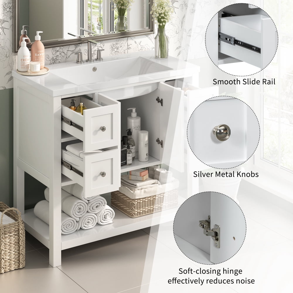 MIDOQIN 36'' Bathroom Vanity with Countertop Sink, Bathroom Storage Cabinet, Freestanding Floor Rustic Single Combo Cabinet 4 Drawers and Soft Closing Doors