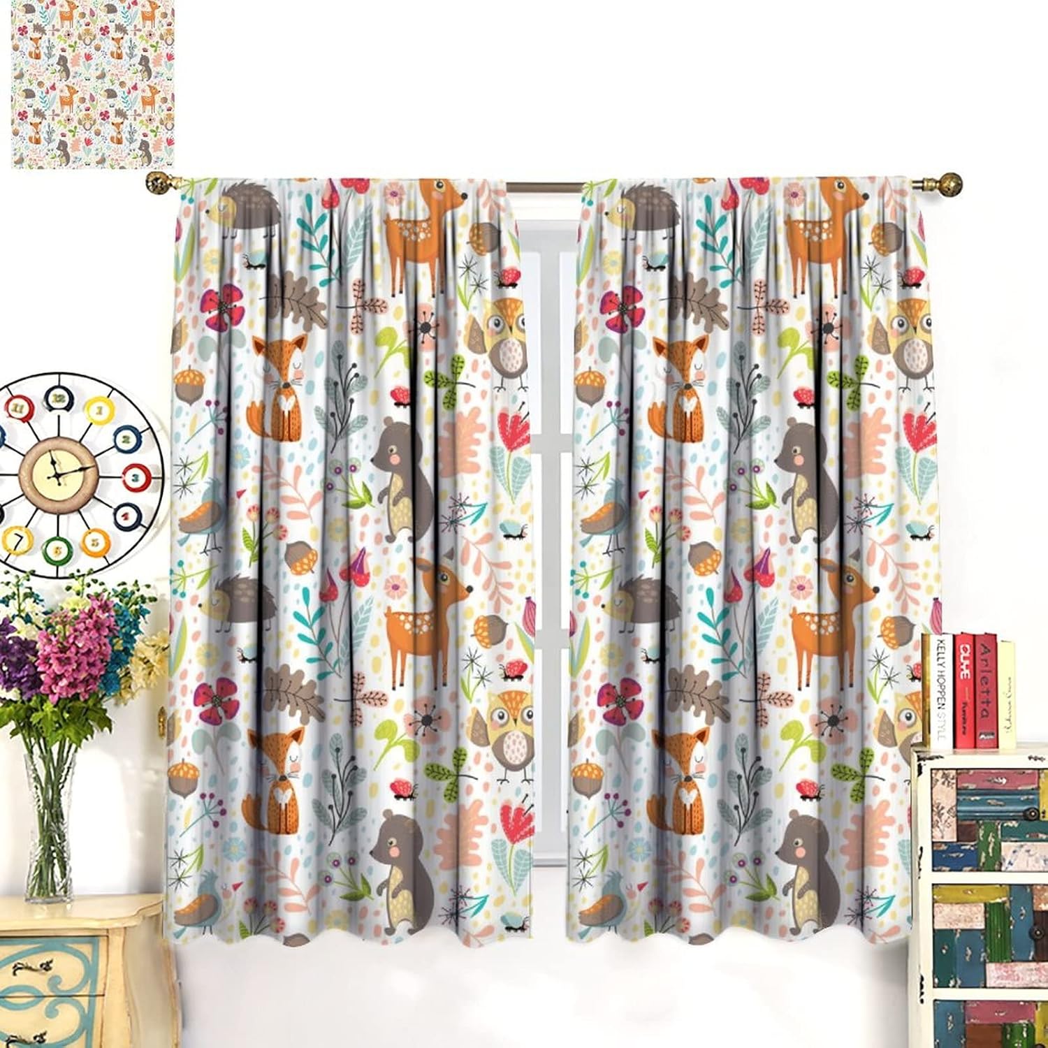 Kids Cartoon Curtains Colorful Cute Funny Forest Animals Fox Hedgehog Bear Deer Art Print for Kids Bedroom Nursery Decor Rod Pocket Blackout Window Drapes 2 Panels 52x84in