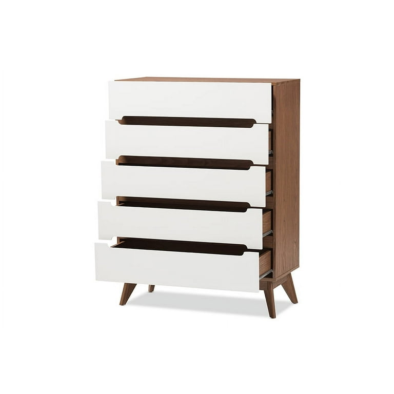 Baxton Studio Calypso Mid-Century Modern White and Walnut Wood 5-Drawer Storage Chest Baxton Studio Calypso Mid-Century Modern White and Walnut Wood 5-Drawer Storage Chest