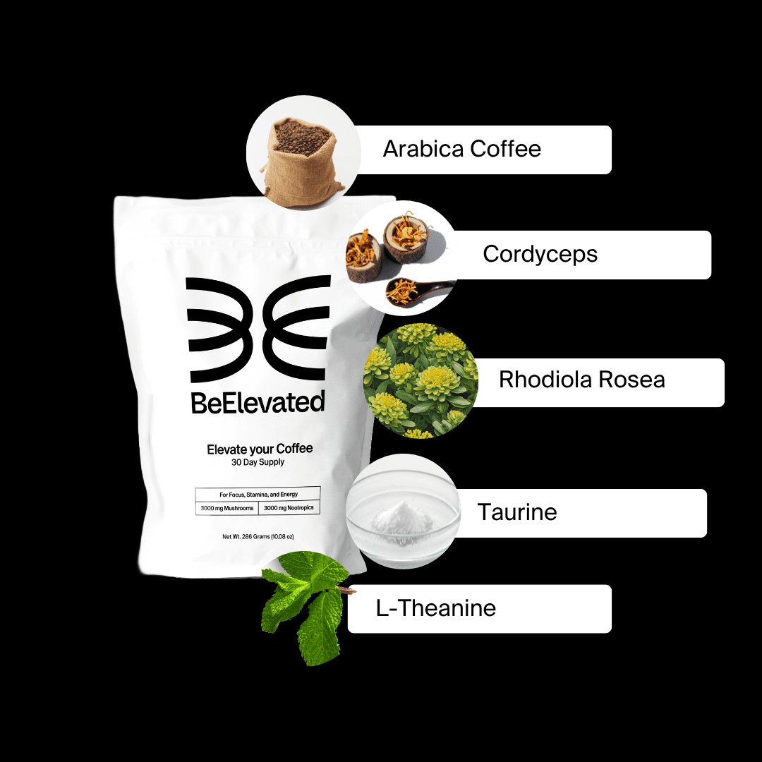 BeElevated Instant Mushroom Coffee Medium Roast  with Adaptogens for Focus, Alertness, and Wellness, 10oz, 30 Servings